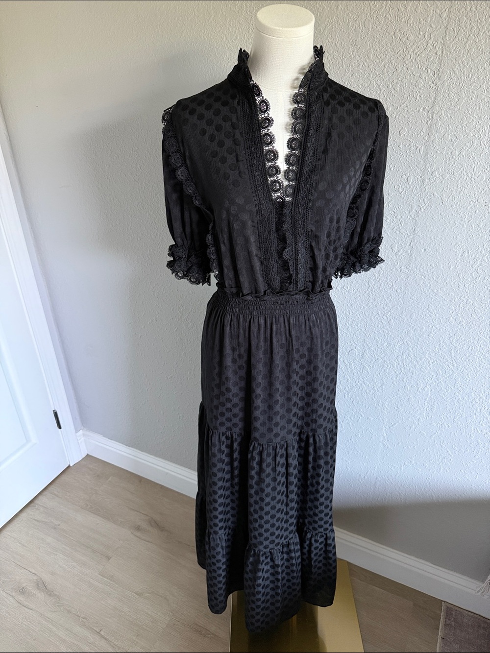Max Studio Black Polka-Dot Lace-Trim Maxi Dress
